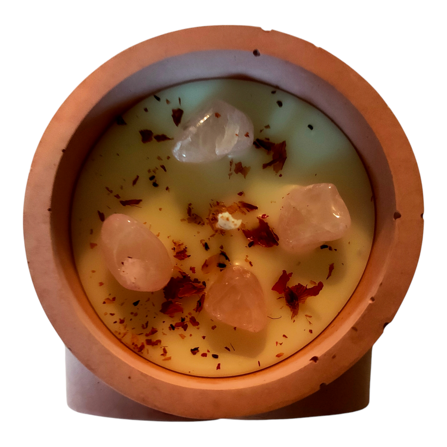 Bougie Romantique Séduction Divine – 150 g – Cire de Soja – Parfum Philtre d’Amour – Quartz Rose & Pot Béton Cœur