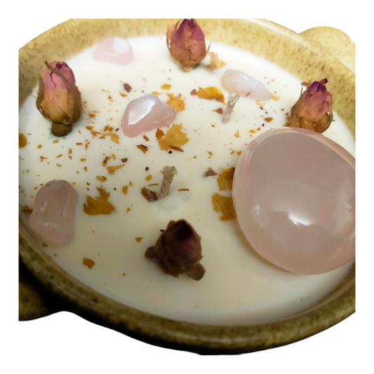 Bougie Haut de Gamme – 300g – Cire de Soja – Parfum de Grasse Bois de Rose – Pierre Quartz Rose – 2 Mèches Coton