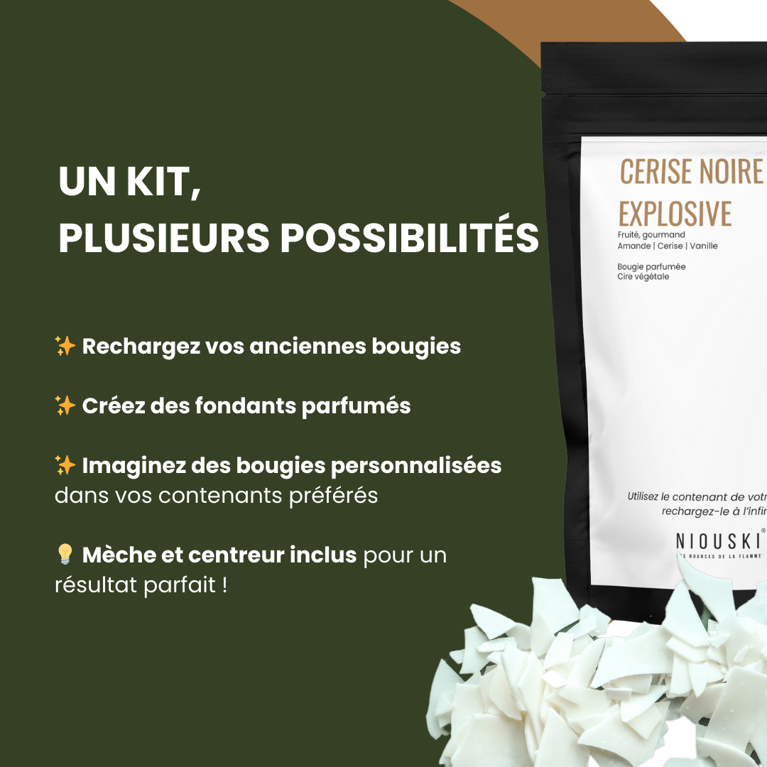 Idées d’utilisation du kit recharge Niouski : recharger ses bougies, créer des fondants parfumés et personnaliser des contenants.