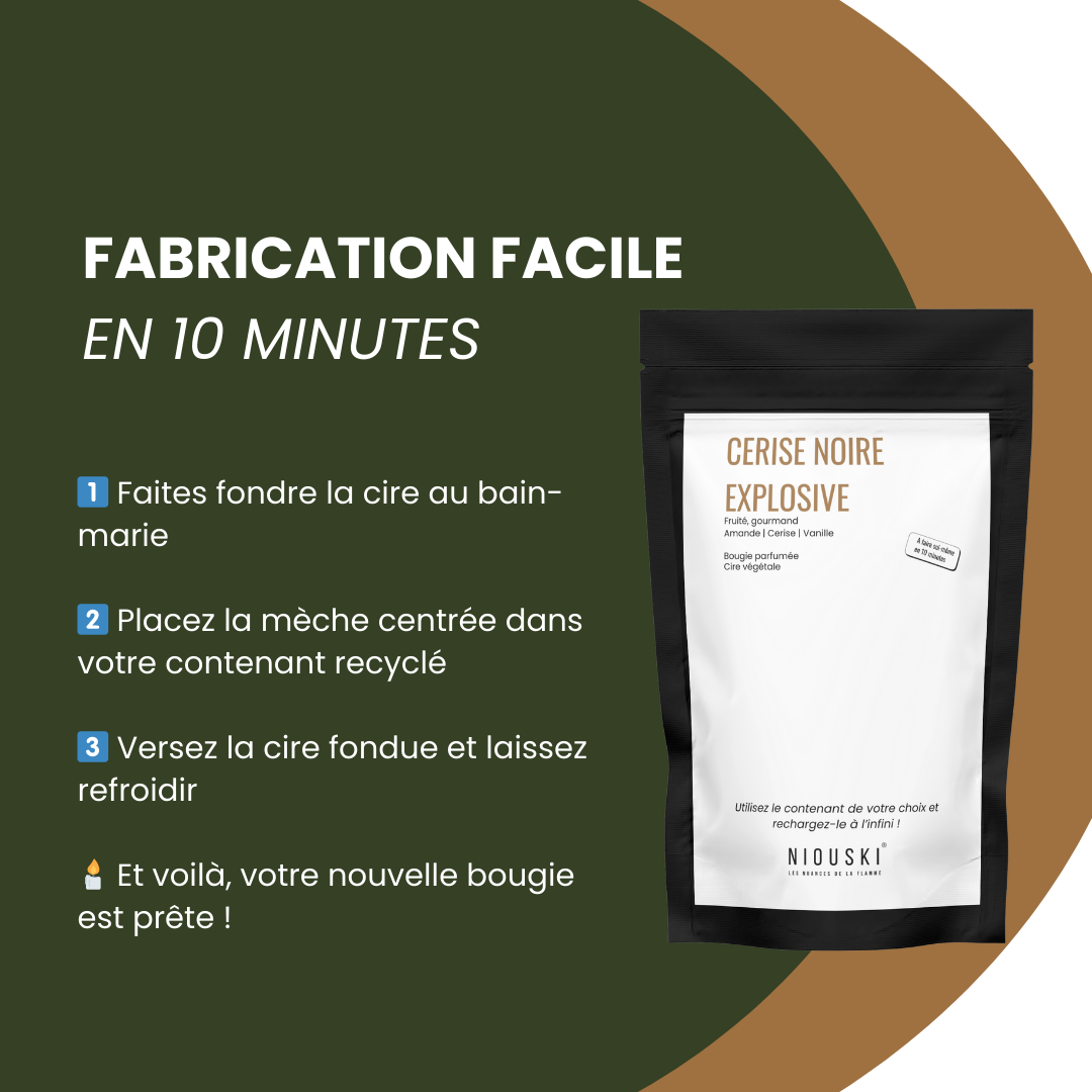 Guide étape par étape pour fabriquer facilement une bougie avec le kit recharge Niouski, en utilisant la cire au bain-marie.