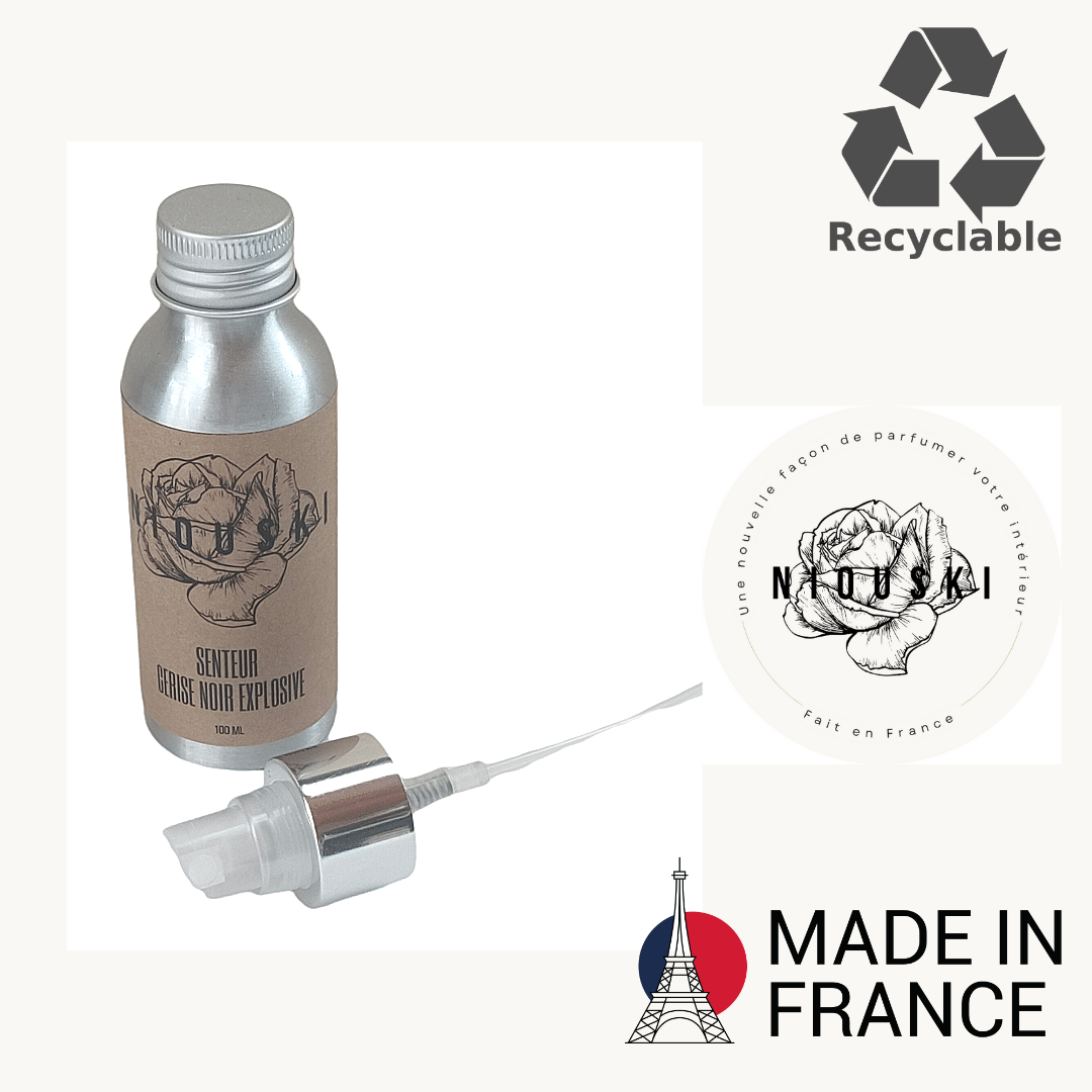 Spray d'ambiance parfumé de chez NIOUSKI au parfum cerise noire explosive. 100 ml conditionnée en bretagne 